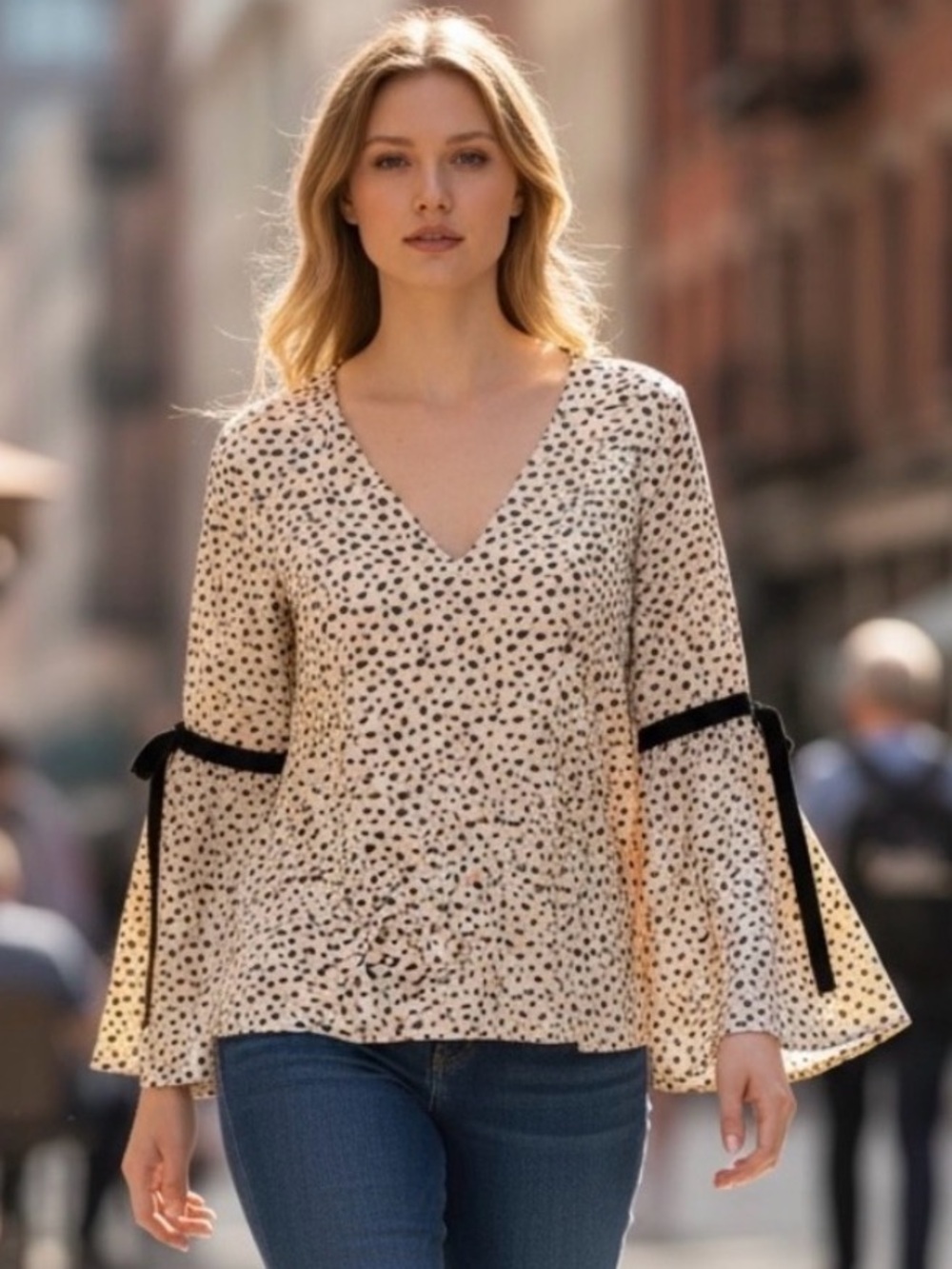 Halogen Cream V-Neck Spot Print Bell Sleeve Top with Black Ties